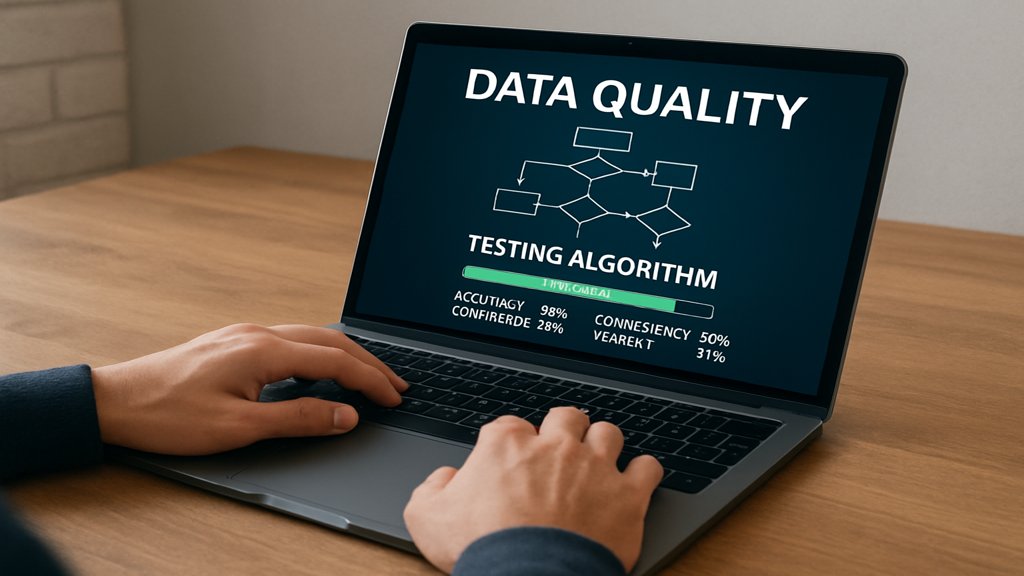 Person testet einen Algorithmus zur Datenqualitätsprüfung auf einem Laptop.