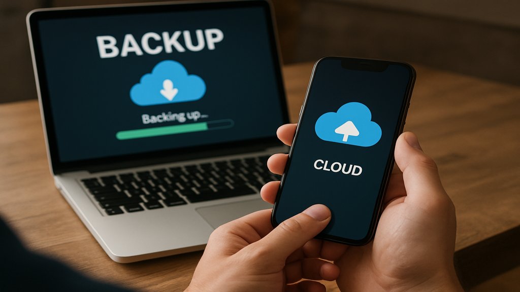 Person überprüft Cloud-Dienst auf Smartphone während Laptop Backup durchführt.