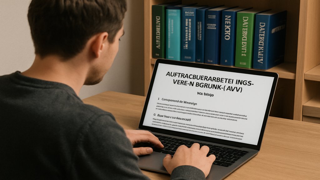 Person überprüft eine Vorlage für einen Auftragsverarbeitungsvertrag am Laptop.