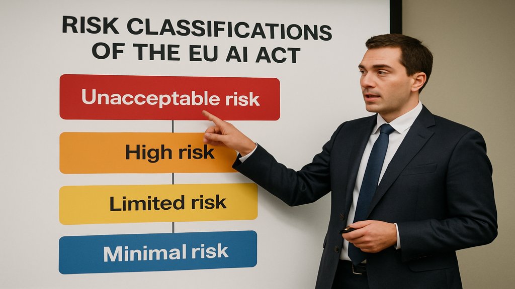 Präsentation zu den Risikoklassen des EU AI Act mit einem Diagramm im Hintergrund.