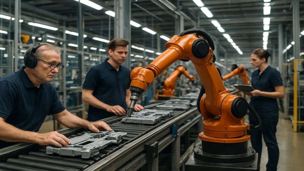 Roboter und Menschen arbeiten gemeinsam in einem Produktionsbetrieb.