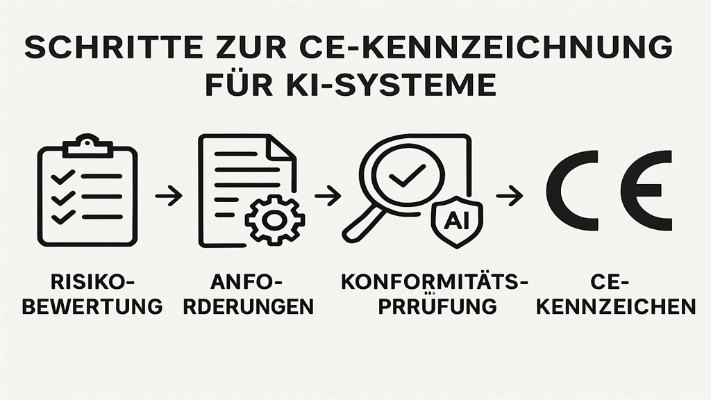 Schritte zur CE-Kennzeichnung für KI-Systeme in einer Infografik.