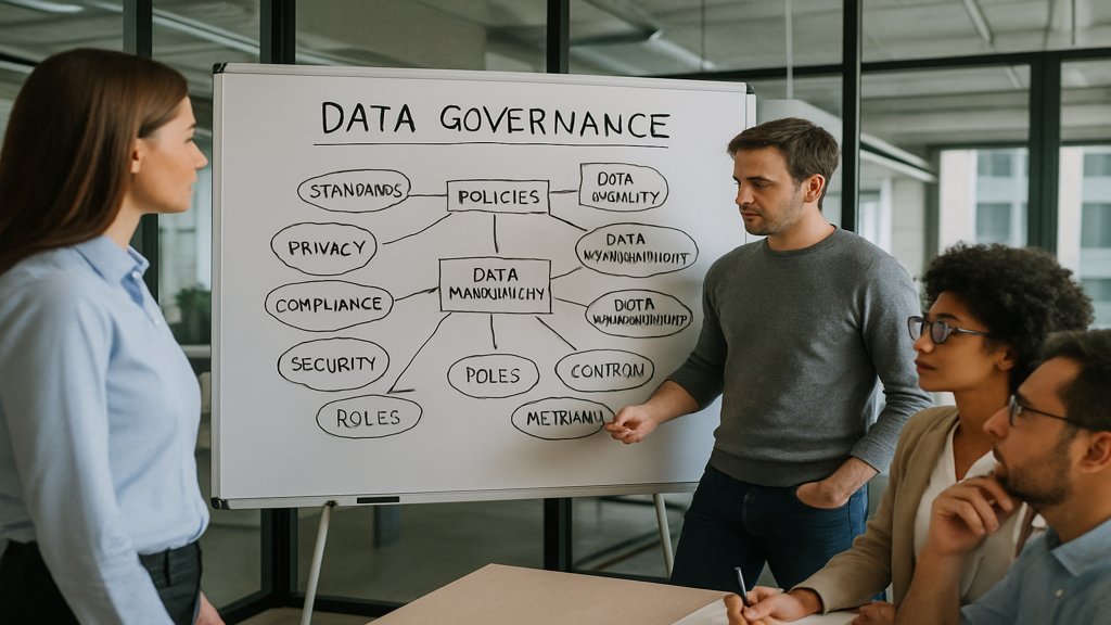Team arbeitet an einem Whiteboard mit einem Data-Governance-Plan.