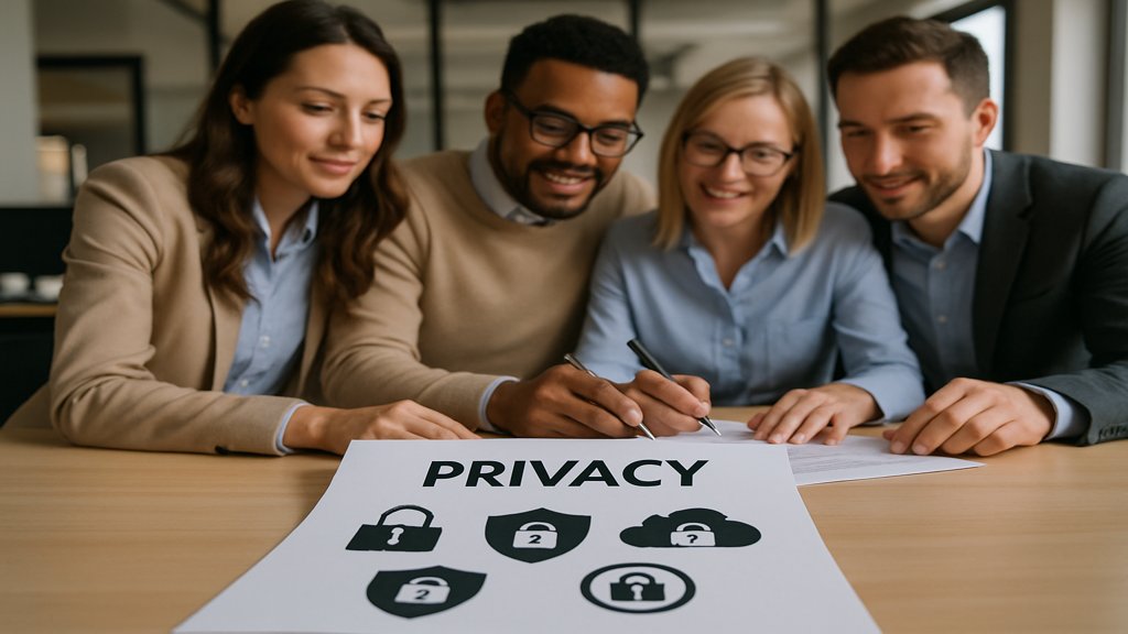 Team arbeitet gemeinsam an der Erstellung einer Datenschutzerklärung.