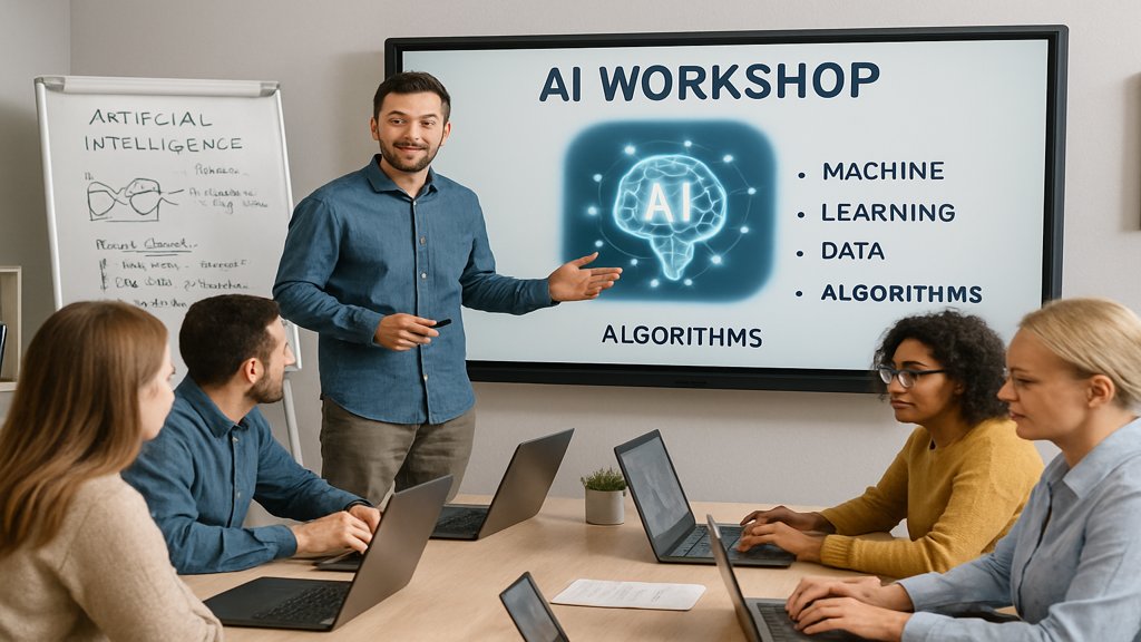 Team bei einem interaktiven KI-Workshop mit Laptops und Whiteboards.