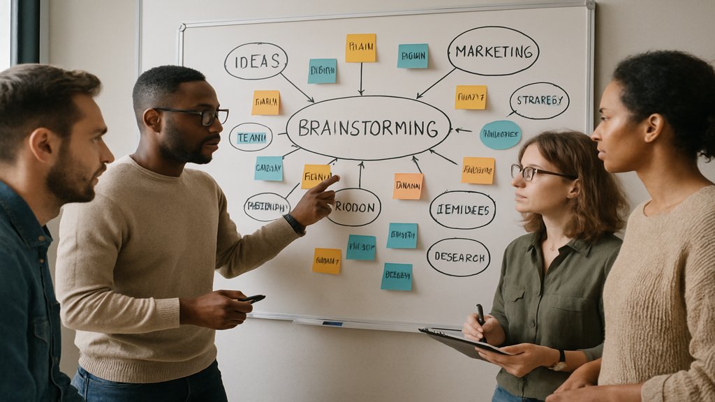 Team bei einer Brainstorming-Session mit Themen-Clustern auf einem Whiteboard.