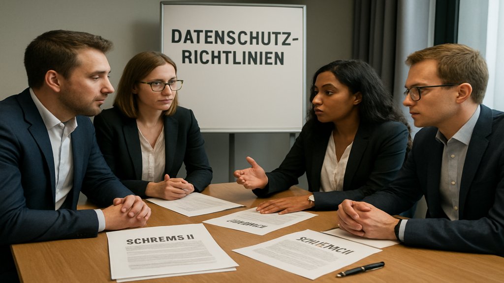 Team diskutiert Datenschutzrichtlinien und Schrems II im Konferenzraum.