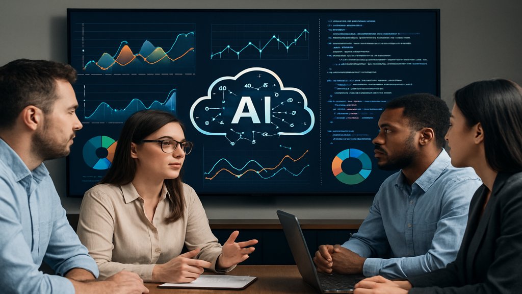 Team diskutiert KI-gestützte Datenanalysen vor einem großen Bildschirm.