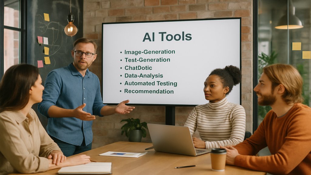 Team diskutiert KI-Tools für Content-Erstellung in einem modernen Büro.