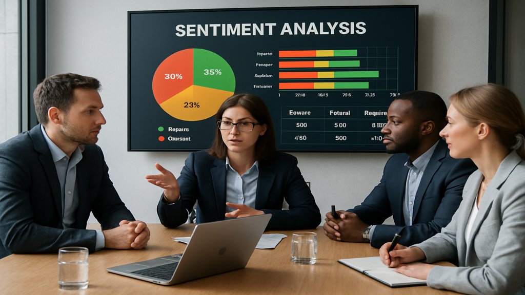 Team diskutiert Sentiment-Analyse-Ergebnisse in einem Konferenzraum.