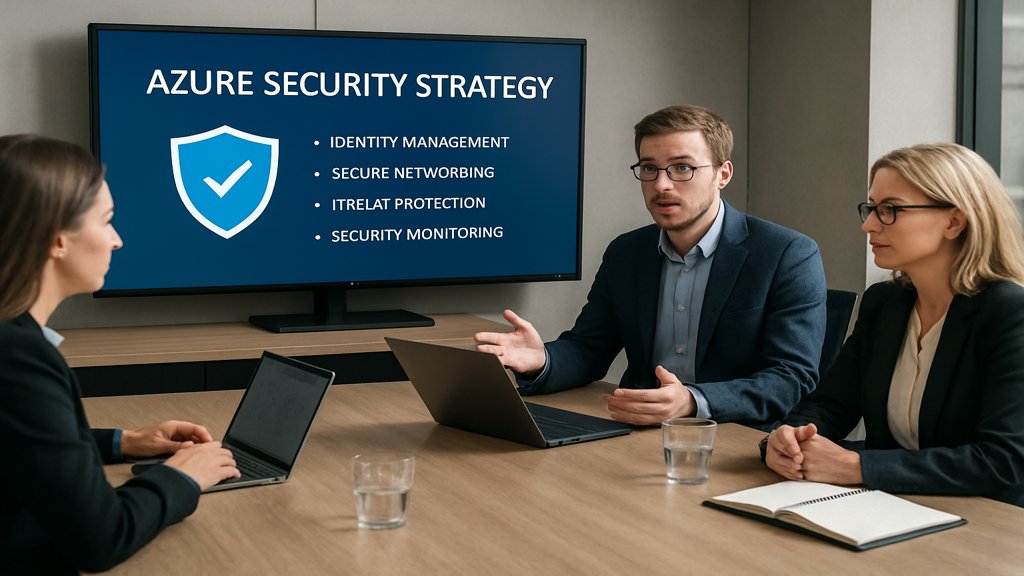 Team diskutiert Sicherheitsstrategie für Azure in einem Konferenzraum.