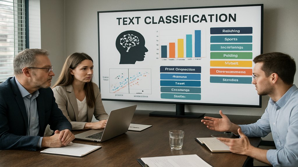 Team diskutiert Textklassifikation mit Diagrammen auf einem Bildschirm.