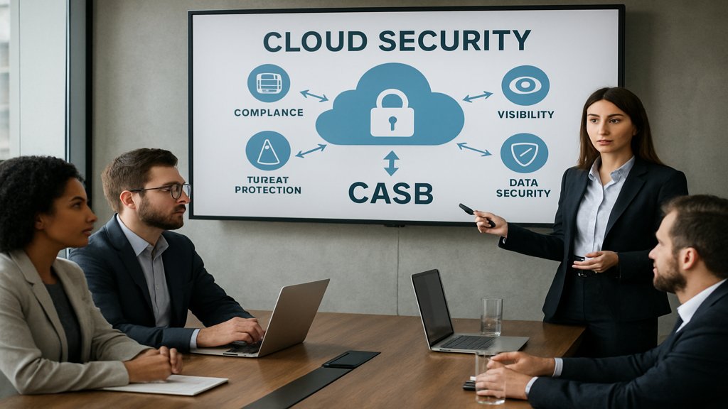 Team hält Präsentation über Cloud-Sicherheit mit CASB-Diagramm im Konferenzraum.