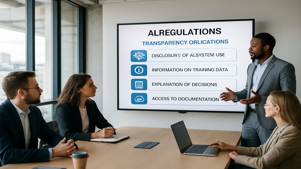 Team in einem Büro bei einer Präsentation zu KI-Transparenzpflichten.