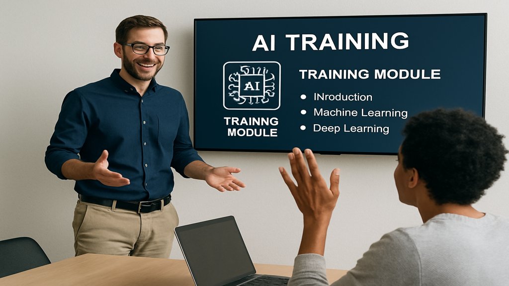 Trainer präsentiert ein KI-Schulungsmodul auf einem Bildschirm.