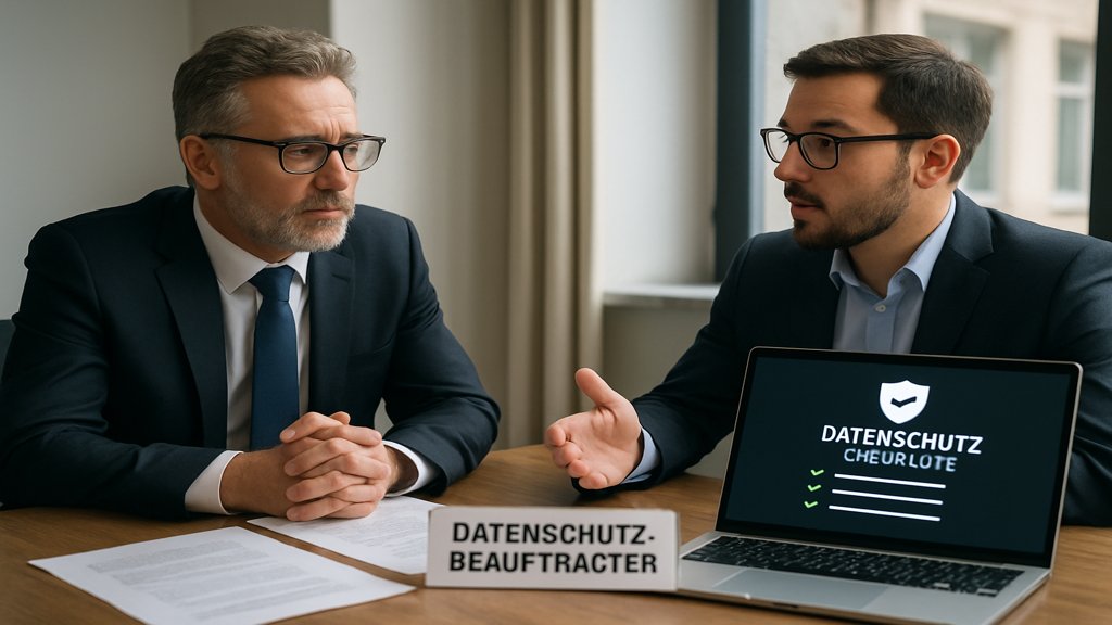Unternehmensleiter spricht mit Datenschutzbeauftragtem über DSGVO.