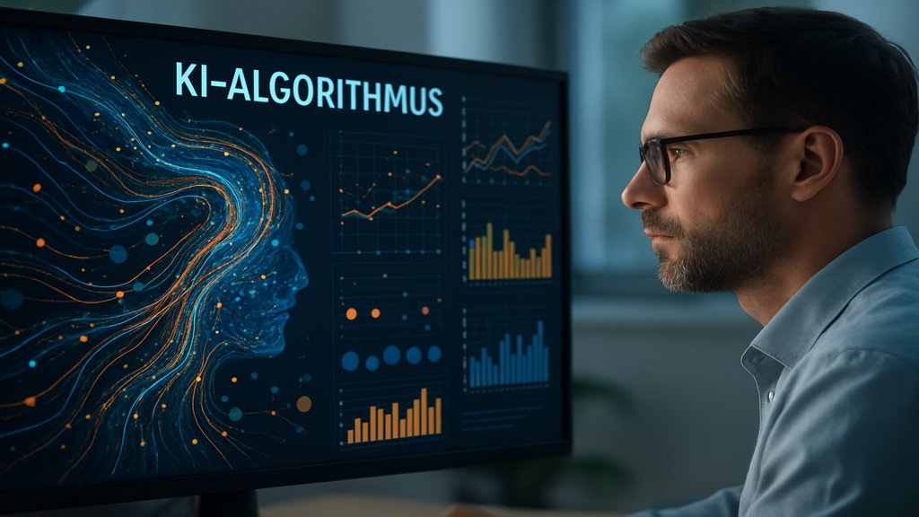 Visualisierung eines KI-Algorithmus mit Datenströmen und Diagrammen.