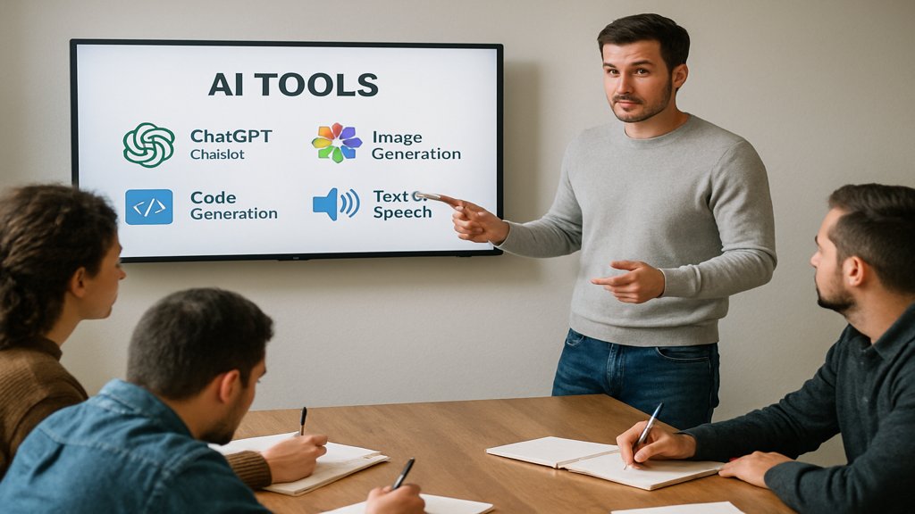 Workshop mit Moderator, der KI-Tools erklärt, Teilnehmer machen Notizen.
