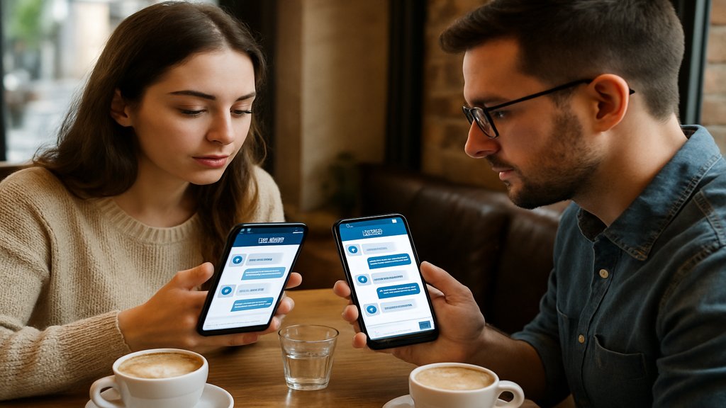 Zwei Personen nutzen Chatbots auf ihren Smartphones in einem Café.