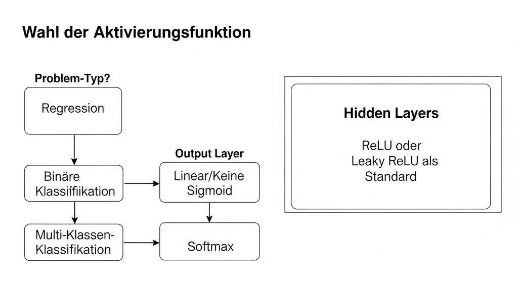 A clean flowchart diagram in German on a white background. The title is 'Wahl der Aktivierungsfunktion'. It starts with a box 'Problem-Typ?'. Arrows point to three choices: 'Regression', 'Binäre Klassifikation', 'Multi-Klassen-Klassifikation'. Each of these points to another box for the 'Output Layer': 'Linear/Keine', 'Sigmoid', 'Softmax'. A separate large box labeled 'Hidden Layers' has the text 'ReLU oder Leaky ReLU als Standard' inside. The style is professional and educational.