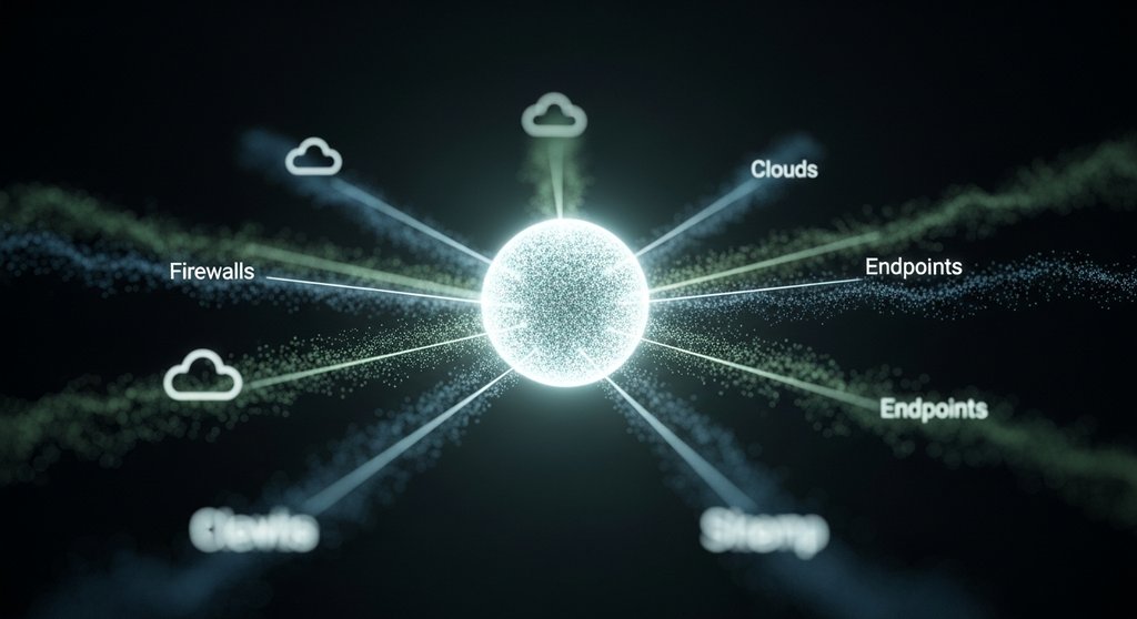 Abstrakte Darstellung der Datenaggregation und Normalisierung in einem SIEM-System. High-resolution, abstract photograph with a tech feel. A central, glowing node of light with several streams of light (in muted blue and green tones) flowing into it from different directions. The streams represent various data sources like firewalls, clouds, and endpoints. The central node is perfectly spherical and ordered, while the incoming streams have a more chaotic, particle-like texture. The background is dark and clean. The image symbolizes the process of aggregation and normalization in a SIEM. Shot on DSLR, deep depth of field, minimalist aesthetic, true-to-life colors.
