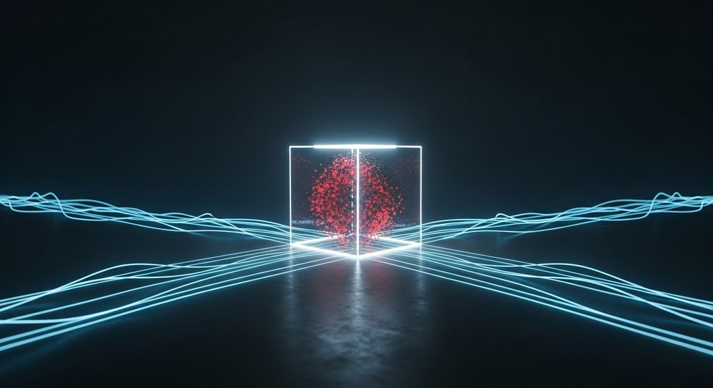 Abstraktes Bild einer Containment-Strategie: Eine chaotische Bedrohung ist sicher in einer Glasbox eingesperrt.