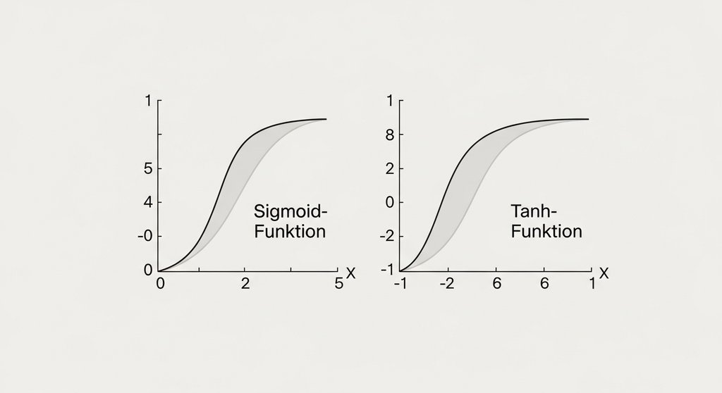 Clean, minimalist infographic on a light grey background. Two perfectly drawn curves are shown side-by-side with clear labels in German. On the left, the 'Sigmoid'-Funktion as an S-shaped curve from 0 to 1. On the right, the 'Tanh'-Funktion as a similar S-shaped curve from -1 to 1. The X- und Y-axes are clearly marked. The style is modern, academic, and easy to understand.