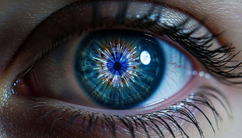 Computer Vision in Aktion – ein stilisiertes menschliches Auge, in dessen Iris sich leuchtende Datenströme und digitale Muster spiegeln, die technologischen Fortschritt symbolisieren. Editorial Style. High resolution photography, shot on a DSLR camera with a macro lens. The focus is sharp on the iris, with a shallow depth of field blurring the surrounding skin texture. Muted, cinematic color palette with a single highlight color like electric blue for the data streams. The lighting is dramatic, coming from one side to create depth and shadow. Slight film grain, Kodak Portra 400 style, to add an authentic, non-CGI feel.