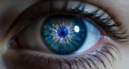 Computer Vision in Aktion – ein stilisiertes menschliches Auge, in dessen Iris sich leuchtende Datenströme und digitale Muster spiegeln, die technologischen Fortschritt symbolisieren. Editorial Style. High resolution photography, shot on a DSLR camera with a macro lens. The focus is sharp on the iris, with a shallow depth of field blurring the surrounding skin texture. Muted, cinematic color palette with a single highlight color like electric blue for the data streams. The lighting is dramatic, coming from one side to create depth and shadow. Slight film grain, Kodak Portra 400 style, to add an authentic, non-CGI feel.