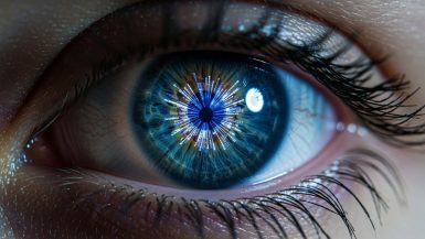 Computer Vision in Aktion – ein stilisiertes menschliches Auge, in dessen Iris sich leuchtende Datenströme und digitale Muster spiegeln, die technologischen Fortschritt symbolisieren. Editorial Style. High resolution photography, shot on a DSLR camera with a macro lens. The focus is sharp on the iris, with a shallow depth of field blurring the surrounding skin texture. Muted, cinematic color palette with a single highlight color like electric blue for the data streams. The lighting is dramatic, coming from one side to create depth and shadow. Slight film grain, Kodak Portra 400 style, to add an authentic, non-CGI feel.