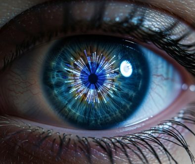 Computer Vision in Aktion – ein stilisiertes menschliches Auge, in dessen Iris sich leuchtende Datenströme und digitale Muster spiegeln, die technologischen Fortschritt symbolisieren. Editorial Style. High resolution photography, shot on a DSLR camera with a macro lens. The focus is sharp on the iris, with a shallow depth of field blurring the surrounding skin texture. Muted, cinematic color palette with a single highlight color like electric blue for the data streams. The lighting is dramatic, coming from one side to create depth and shadow. Slight film grain, Kodak Portra 400 style, to add an authentic, non-CGI feel.