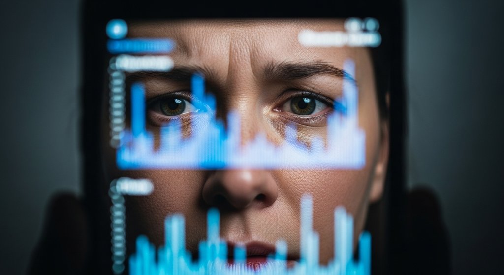 Das besorgte Gesicht einer Person spiegelt sich in einem Smartphone, das Daten anzeigt, als Symbol für Datenschutzrisiken.