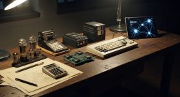 Die Geschichte der KI dargestellt als chronologische Entwicklung von Röhren bis zu einem Tablet.
