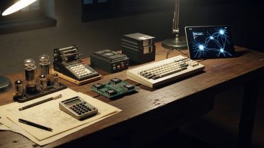 Die Geschichte der KI dargestellt als chronologische Entwicklung von Röhren bis zu einem Tablet.