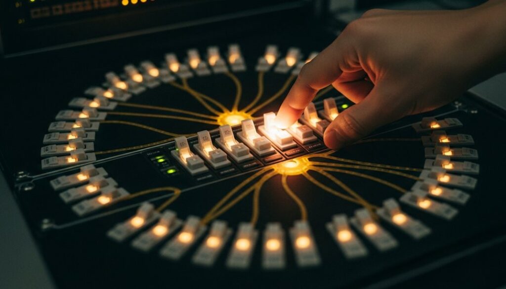 Editorial style high-resolution photography of a complex, dimly lit server room. In the center, a single server rack has a series of physical, glowing toggle switches, arranged like neurons. A hand is about to flip one switch, which is glowing brighter than the others, creating a sense of an imminent chain reaction. The surrounding switches are dimly lit, suggesting potential. Shot on 35mm camera, Kodak Portra 400 style, with a shallow depth of field (bokeh) to focus on the hand and switch. Muted tones, slight film grain, visible skin texture on the hand, creating an authentic and dramatic mood.