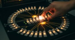 Editorial style high-resolution photography of a complex, dimly lit server room. In the center, a single server rack has a series of physical, glowing toggle switches, arranged like neurons. A hand is about to flip one switch, which is glowing brighter than the others, creating a sense of an imminent chain reaction. The surrounding switches are dimly lit, suggesting potential. Shot on 35mm camera, Kodak Portra 400 style, with a shallow depth of field (bokeh) to focus on the hand and switch. Muted tones, slight film grain, visible skin texture on the hand, creating an authentic and dramatic mood.