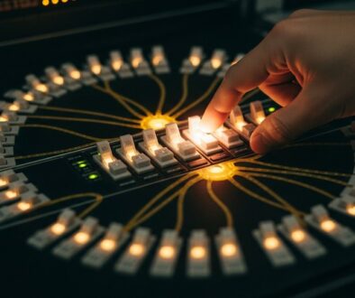 Editorial style high-resolution photography of a complex, dimly lit server room. In the center, a single server rack has a series of physical, glowing toggle switches, arranged like neurons. A hand is about to flip one switch, which is glowing brighter than the others, creating a sense of an imminent chain reaction. The surrounding switches are dimly lit, suggesting potential. Shot on 35mm camera, Kodak Portra 400 style, with a shallow depth of field (bokeh) to focus on the hand and switch. Muted tones, slight film grain, visible skin texture on the hand, creating an authentic and dramatic mood.