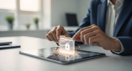 Editorial style high-resolution photography of a modern, minimalist office space with soft, natural light. In the foreground, a person's hands are carefully placing a translucent, glowing digital folder icon into a secure digital archive on a sleek tablet screen. The background is slightly blurred (bokeh effect), showing a calm and professional office environment. The overall mood is one of security, care, and advanced technology. The focus is on the action of securing data, not on the person's face. True-to-life colors, muted tones, shot on a DSLR camera with a 50mm lens.