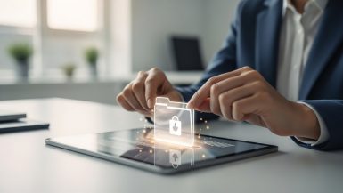 Editorial style high-resolution photography of a modern, minimalist office space with soft, natural light. In the foreground, a person's hands are carefully placing a translucent, glowing digital folder icon into a secure digital archive on a sleek tablet screen. The background is slightly blurred (bokeh effect), showing a calm and professional office environment. The overall mood is one of security, care, and advanced technology. The focus is on the action of securing data, not on the person's face. True-to-life colors, muted tones, shot on a DSLR camera with a 50mm lens.