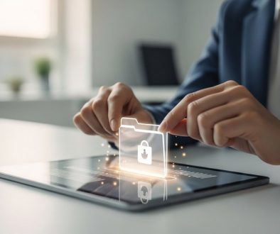 Editorial style high-resolution photography of a modern, minimalist office space with soft, natural light. In the foreground, a person's hands are carefully placing a translucent, glowing digital folder icon into a secure digital archive on a sleek tablet screen. The background is slightly blurred (bokeh effect), showing a calm and professional office environment. The overall mood is one of security, care, and advanced technology. The focus is on the action of securing data, not on the person's face. True-to-life colors, muted tones, shot on a DSLR camera with a 50mm lens.