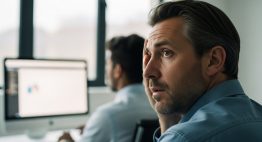 Ein besorgter Vorgesetzter blickt auf den Computer eines Mitarbeiters, Symbol für die Risiken privater E-Mail-Nutzung.