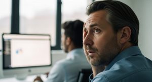 Ein besorgter Vorgesetzter blickt auf den Computer eines Mitarbeiters, Symbol für die Risiken privater E-Mail-Nutzung.