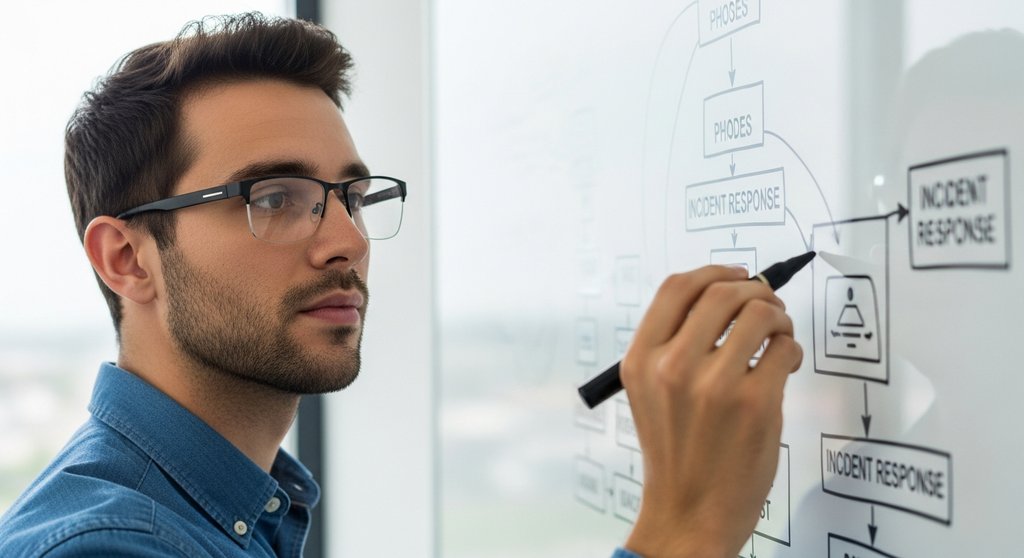 Ein Cybersecurity-Analyst entwickelt einen Incident Response Plan auf einem Whiteboard.