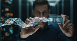 Ein Cybersecurity-Experte analysiert via Deep Packet Inspection einen leuchtenden Datenstrom.