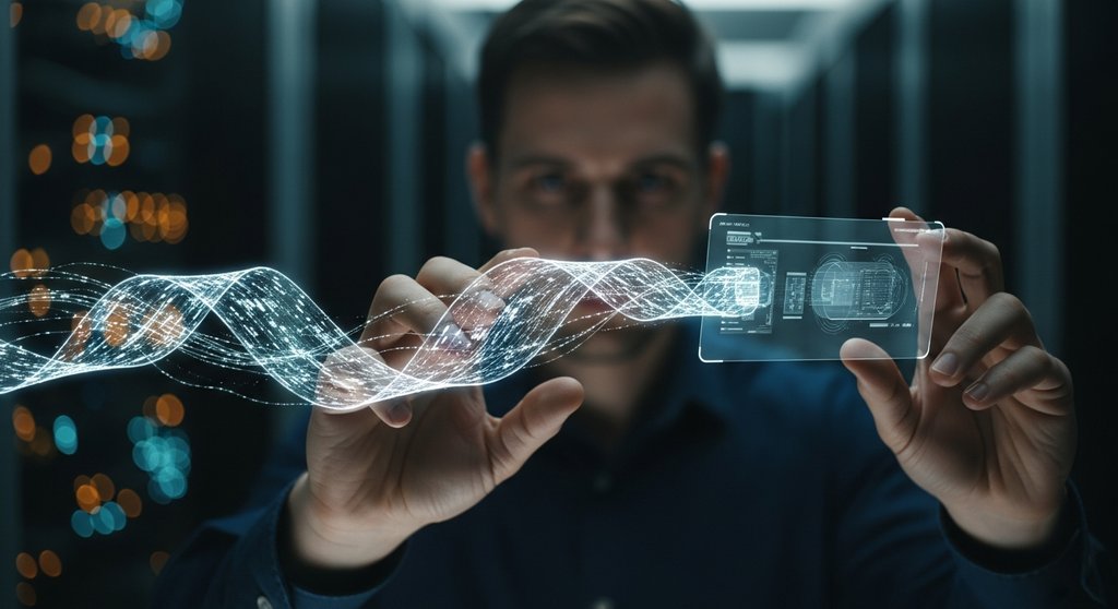 Ein Cybersecurity-Experte analysiert via Deep Packet Inspection einen leuchtenden Datenstrom.