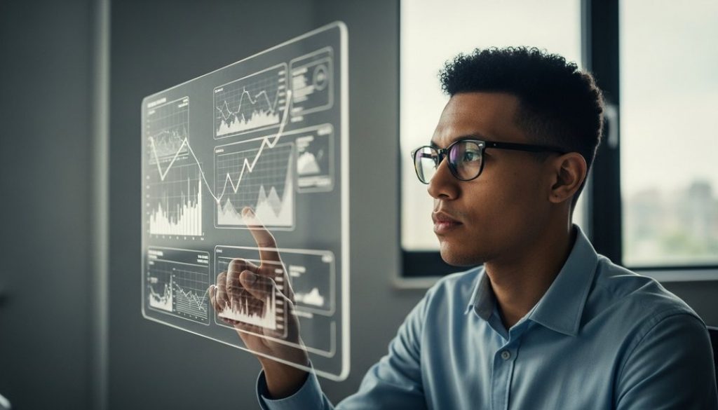 Ein Datenexperte analysiert konzentriert komplexe KI Trainingsdaten auf einem transparenten Bildschirm.