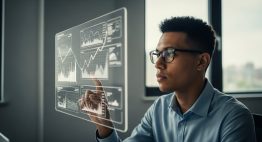 Ein Datenexperte analysiert konzentriert komplexe KI Trainingsdaten auf einem transparenten Bildschirm.
