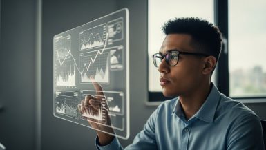 Ein Datenexperte analysiert konzentriert komplexe KI Trainingsdaten auf einem transparenten Bildschirm.