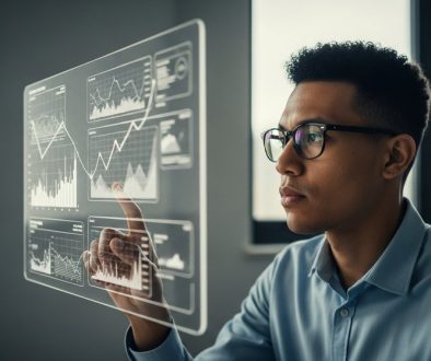Ein Datenexperte analysiert konzentriert komplexe KI Trainingsdaten auf einem transparenten Bildschirm.