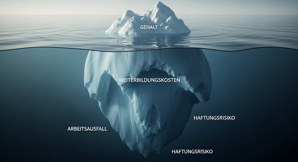 Ein Eisberg symbolisiert die versteckten Kosten eines internen Datenschutzbeauftragten. High-resolution photography of an iceberg in calm, dark blue water. The visible tip of the iceberg is labeled in subtle text: 